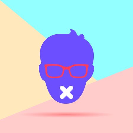 Flat Line modern pastel colored art design graphic image of Flat Male face with glasses and sticky tape on his mouth icon on pink and blue background. Fashion Censorship conceptのイラスト素材