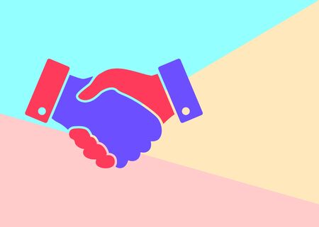 handshake flat line design icon on yellow, blue and pink backgroundのイラスト素材