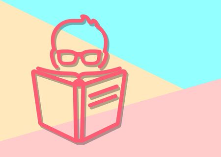 flat icon of male head with glasses reading a book on colorful pink and blue background