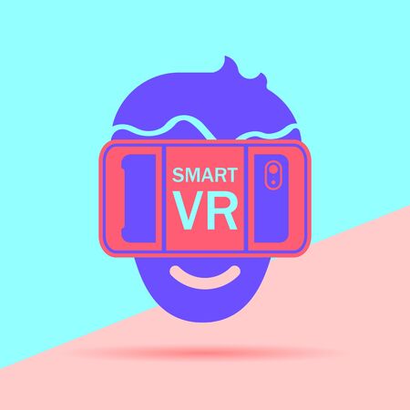Flat Line modern pastel colored art design graphic image concept of man head in virtual reality glasses on pink and blue background. Smartphone VR concept imageのイラスト素材