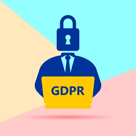 Flat modern art design graphic image of  man with a lock instead of a head and a laptop studying the law of GDPR concept icon on pink and blue backgroundのイラスト素材