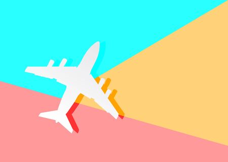 Flat modern art design graphic image of airplane silhouette on pastel colored pink and blue...