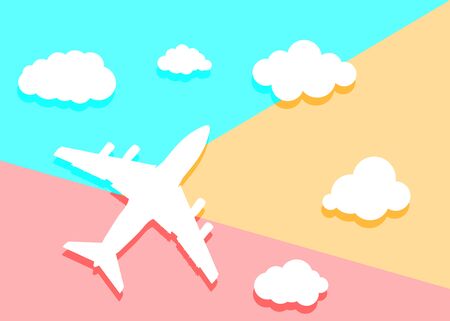 Flat lay art design graphic image of paper airplane with clouds  on pink and blue backgroundのイラスト素材