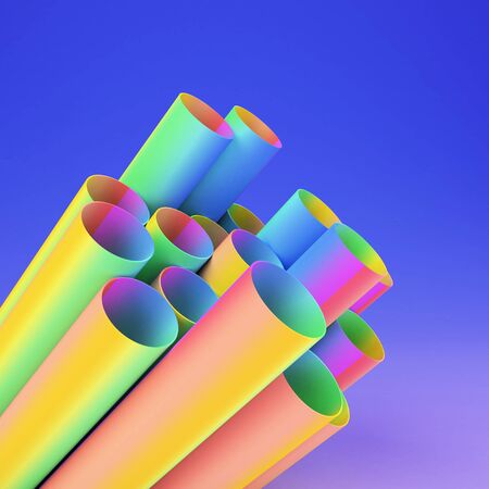 minimalism style 3d render of rainbow colored tubes on blue backgroundの写真素材