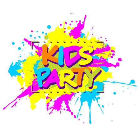 Kids Party emblem with colorful paint splashes with for children playground for play and fun on white backgroundのイラスト素材