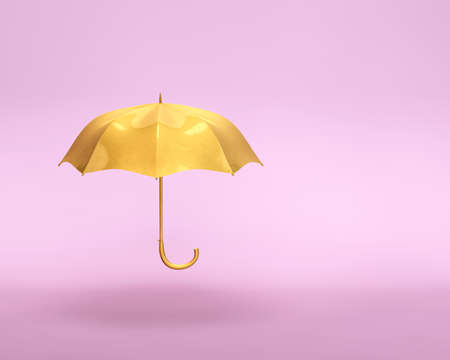 minimal 3d illustration of golden umbrella on pastel colored pink backgroundの写真素材