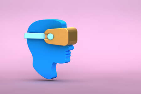 3d illustration of flat lay modern minimal man head in golden virtual reality glasses icon with...