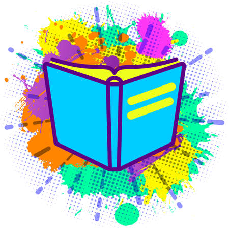 Colorful paint splashes with emblem of flat lay modern pastel colored open book on white backgroundのイラスト素材