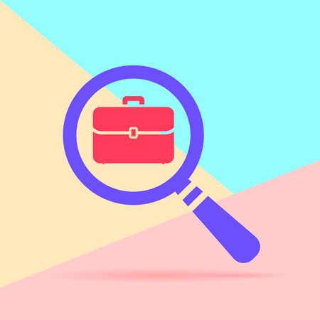 flat lay modern magnifying glass with flat portfolio briefcase icon with shadow on pastel colored blue and pink backgroundのイラスト素材