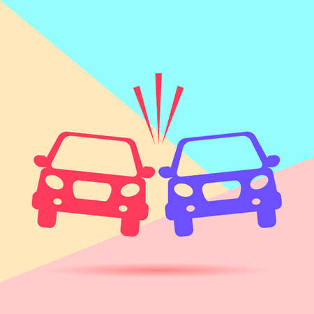 two automobiles collision, auto accident scene, flat lay concept of car crash icon with shadow on pastel colored blue and pink backgroundのイラスト素材