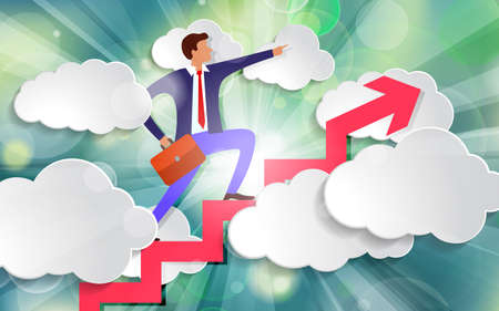 businessman stands on growing up Arrow and points forward in direction of movement among white paper...