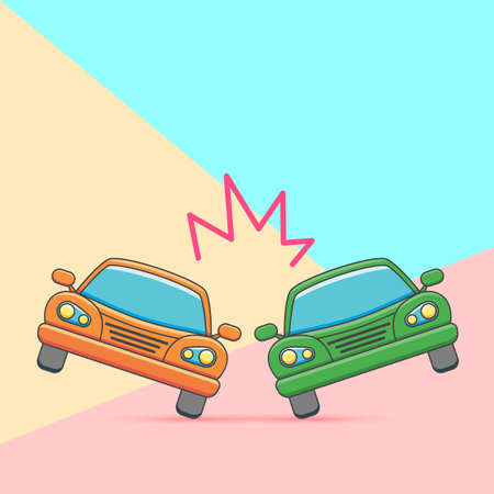 Flat minimal graphic image concept of car crash vector illustration, two automobiles collision, auto accident scene on pastel colored blue and pink backgroundのイラスト素材