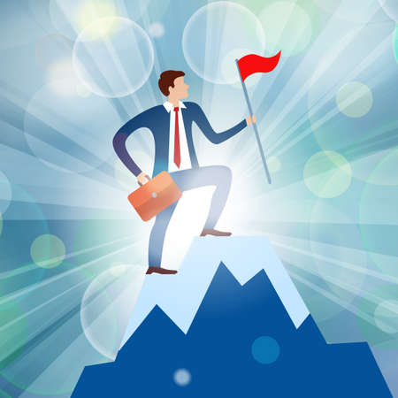 successful businessman with a briefcase and a flag on the top of the mountain symbolizing the world business on beautiful spring green sunny rays light backgroundのイラスト素材