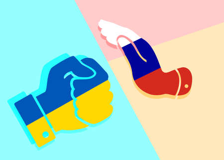 Flat art design graphic representation of concept depicting protection from aggressor, in this case hand painted in colors of Russian flag tries to soften aggressive fist painted in colors of Ukrainian flagのイラスト素材