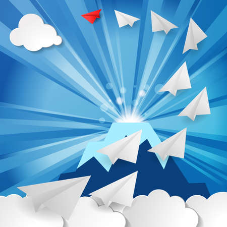 concept of leadership. leading red paper airplane flying white planes aimed at a common goal on the top of the mountain symbolizing the world business among white cloudsのイラスト素材