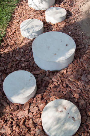 modern minimalist path of round stones in the Park leading on the ground mulched bark of trees