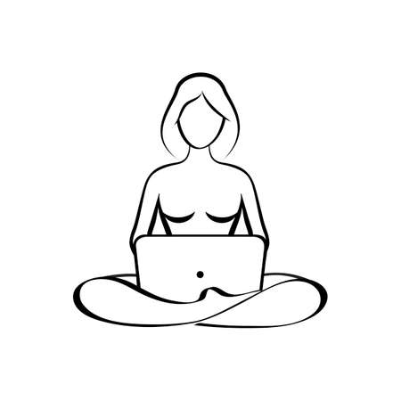 girl drawn lines sitting cross-legged and working on a laptopのイラスト素材