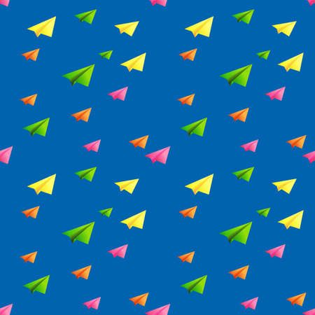 seamless pattern of multi-colored paper airplanes on blue backgroundのイラスト素材