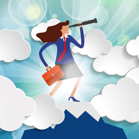 effective manager looks into telescope into distance trying to predict future. businesswoman standing on top of mountain among clouds in rays of sunlight. female business vision conceptのイラスト素材