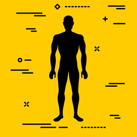 Flat black characterizing male silhouette for normal weight stage of body mass index on yellow backgroundのイラスト素材