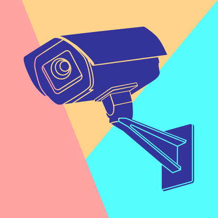 Security at facility. Concept of access control. blue silhouette of CCTV security camera on pastel backgroundのイラスト素材