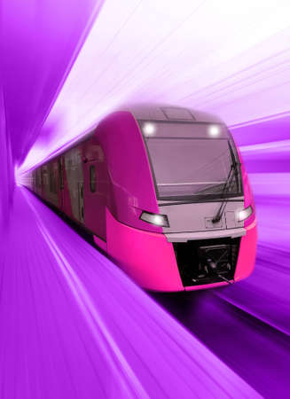 high-speed purple passenger train passes the railway platform
