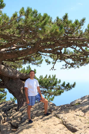 fearless man standing under pine tree on top of mountain over precipiceの写真素材