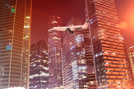 Tall office buildings by night