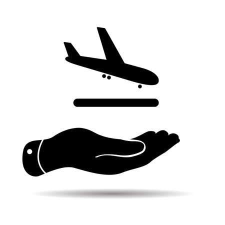 Flat Line design graphic image concept of hand showing airport plane arrival icon on white backgroundのイラスト素材