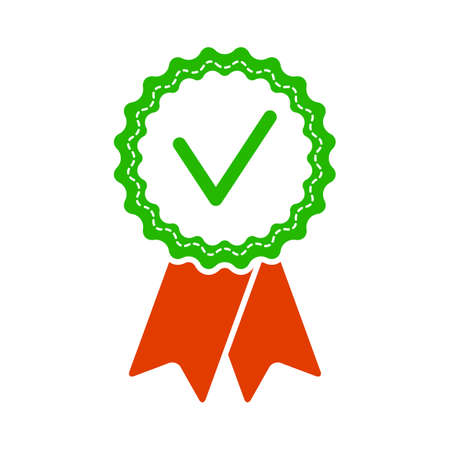 Approved certified rosette icon in flat style. Accredited and recommended medal symbol isolated on white backgroundのイラスト素材