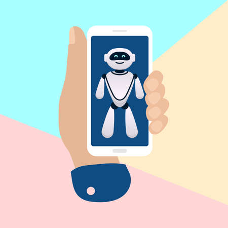 hand holding mobile phone with artificial chat robot bot on pastel colored blue and pink backgroundのイラスト素材