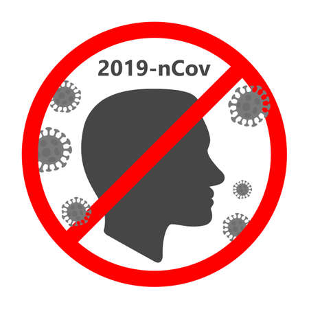 MERS-Cov middle East respiratory syndrome coronavirus, Novel coronavirus 2019-nCoV, flat person head without hygienic medical mask and symbols of the virus around it is crossed out with red STOP signのイラスト素材