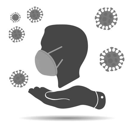 MERS-Cov middle East respiratory syndrome coronavirus flat hand shows silhouette of person head with hygienic medical mask and symbols of the virus around itのイラスト素材