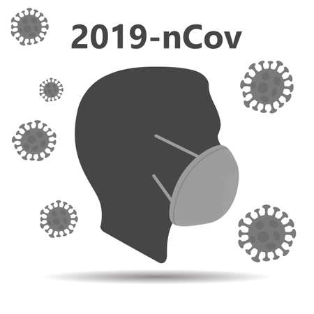 MERS-Cov middle East respiratory syndrome coronavirus, flat hand shows silhouette of person head with hygienic medical mask and symbols of the virus around itのイラスト素材