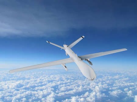 military UAV airplane flies against backdrop of beautiful clouds on blue sky background