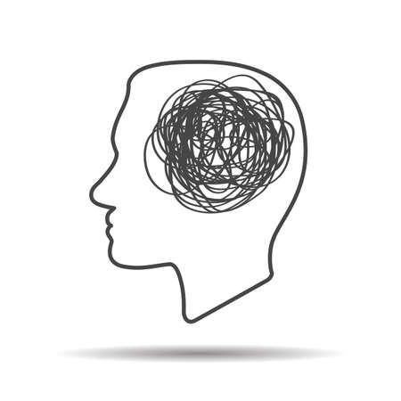 silhouette of huan head with tangled line inside, like brain. concept of chaotic thought process, confusion, personality disorder and depression.のイラスト素材