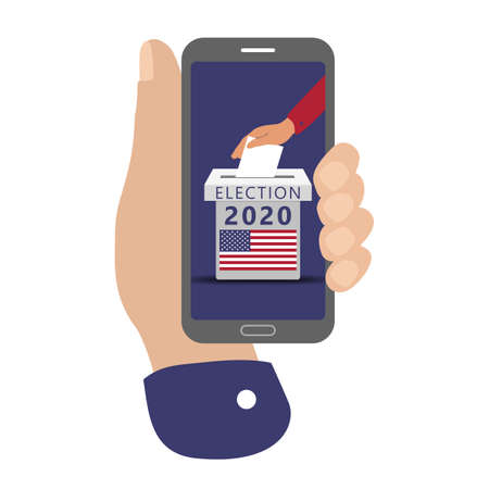 Smartphone screen with flat hand putting vote bulletin into ballot box with flag icon. Concept of electroning voting in USAのイラスト素材