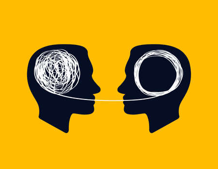 concept icon showing silhouette of human heads with tangled line inside, like brain and untangled...