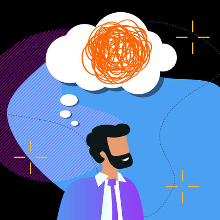Thoughtful bearded business man with speech bubble and tangled line inside on dark background. concept of chaotic thought process, confusion, personality disorder and depressionのイラスト素材