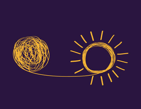 concept icon showing untangling tangled line into sunny creative idea. metaphor for mentor or coach in troubled business. concept of dealing with chaotic thought processes, confusion, personality disorders, and depressionのイラスト素材