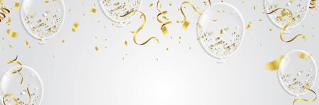 Gold balloons, confetti and streamers on white background. Vector illustration.のイラスト素材