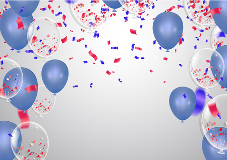 Celebration happy birthday party banner with balloons and serpentine background with confetti party banner のイラスト素材