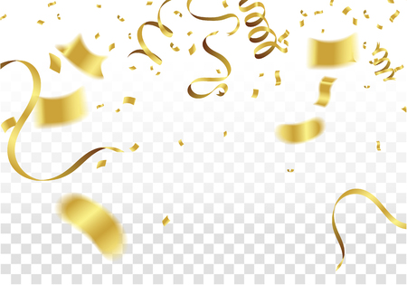 Many Falling Golden Tiny Confetti And Ribbon. Festive and  Celebration Background. Vector Illustrationのイラスト素材