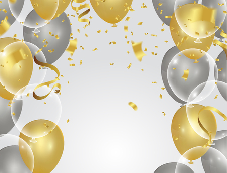 colorful balloons holiday illustration white transparent with confetti balloons Party decorations for birthdayのイラスト素材