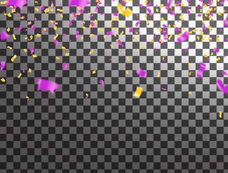 Purple and gold Party Flags With Confetti And Ribbon Falling On Transparent Backgroundのイラスト素材