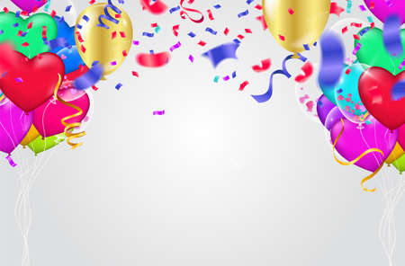 Confetti colorful balloon and flag ribbons over white tile wall, colorful heart balloonsのイラスト素材