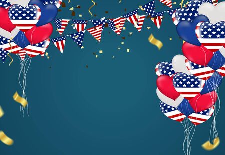 Red, white and blue balloons with flags on a blue backgroundのイラスト素材