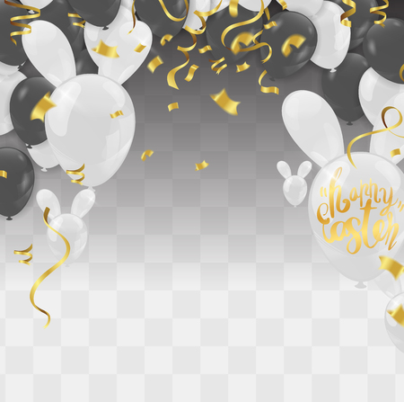 Calligraphy with Abstract Balloons Bunny Ears, Happy Easter background holiday celebration poster design. Vector illustrationのイラスト素材