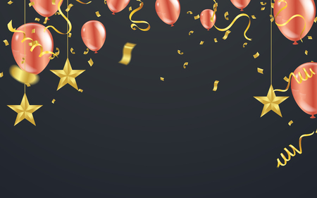 Christmas luxury black background with golden stars, snowflakes balloons, vector illustrationのイラスト素材