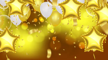 Birthday card with balloons and bunting flags. A Vector Abstract Glow Background Gold shiny flying confettiのイラスト素材